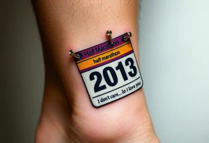 Safety pins through the skin attaching a half marathon racing bib with 2013 and purple and gold accents with “I don’t care, I love it” around the outside tattoo idea