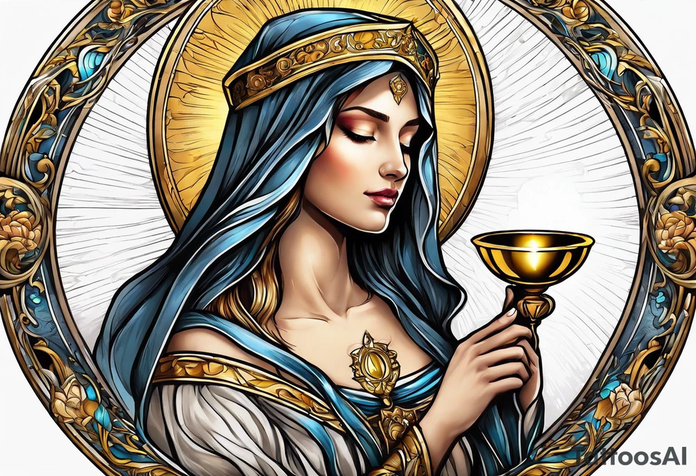 holy saint woman turned away with golden halo holding a chalice tattoo idea