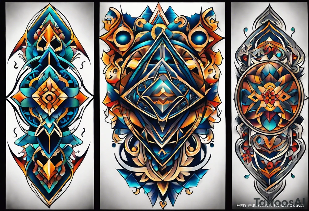semi Detailed neo traditional knee tattoo flat on paper. The tattoo features geometric patterns and bold lines, creating a visually striking design with slight tints of deep fall colors. outside the tattoo features deep blues washes and water swirls tattoo idea