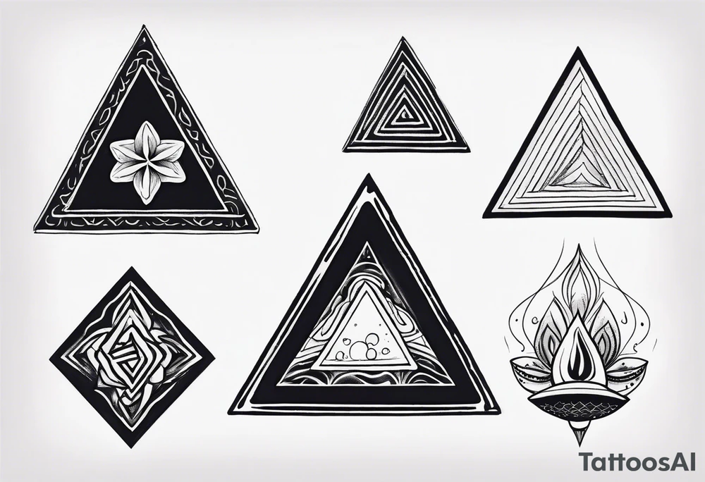 Air element triangle with a father in in.
Water element triangle with a starfish
Fair element triangle with a logs and fire
Earth element triangle with muchrooms tattoo idea