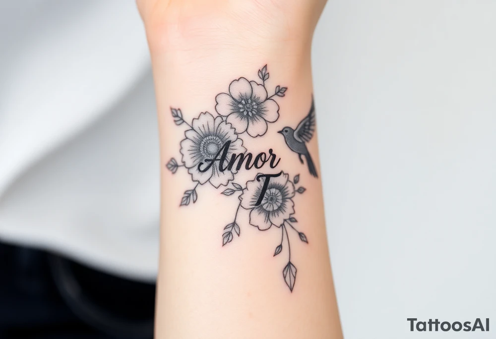“Amor Fati” flowers colorful and bird tattoo idea