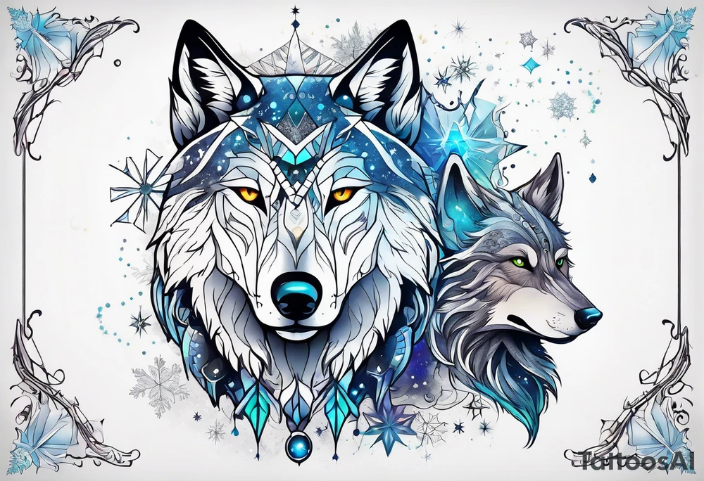 Constellation, two animal alien wolf, snowflake tattoo idea