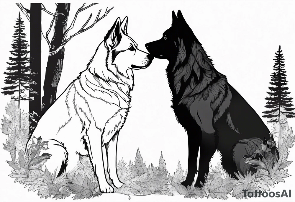 two norwegian elkhounds guarding a dark forest tattoo idea two norwegian elkhounds guarding a dark forest tattoo idea