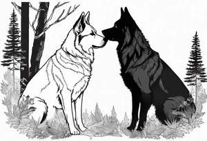 two norwegian elkhounds guarding a dark forest tattoo idea