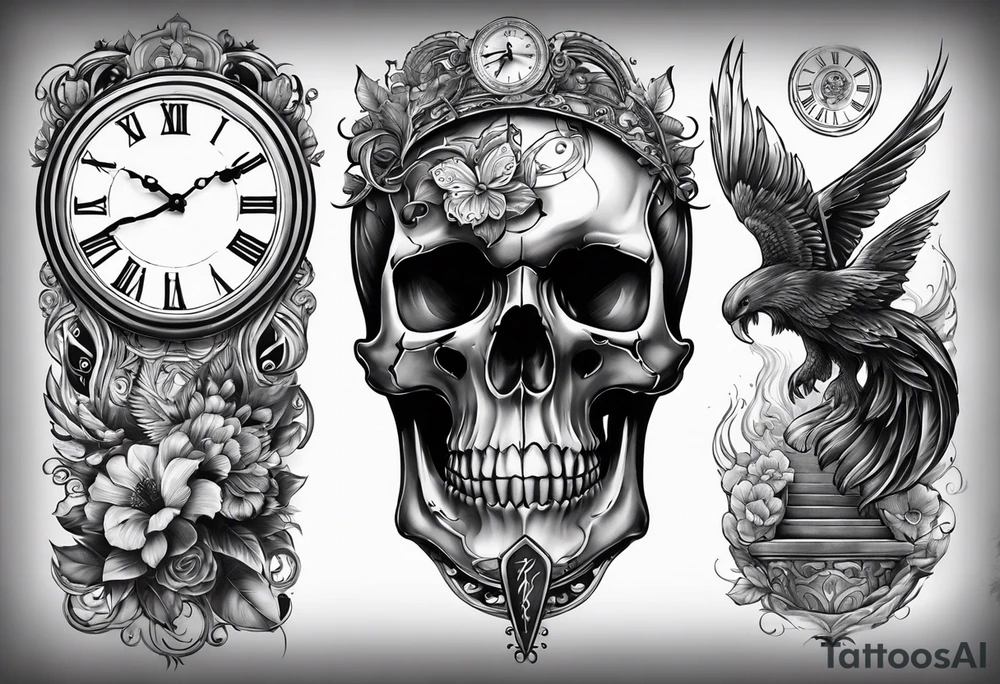 Skull, clock, stairs,phoenix sleeve tattoo idea