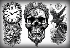 Skull, clock, stairs,phoenix sleeve tattoo idea