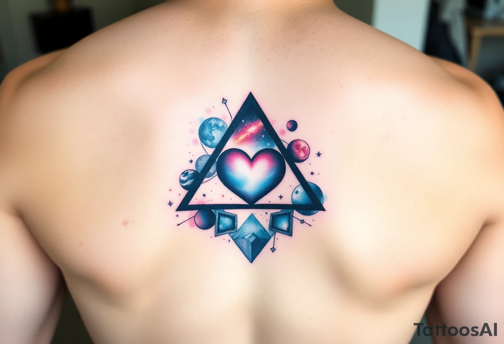 A single triangle with a heart in the center with planets and galaxy in background tattoo idea