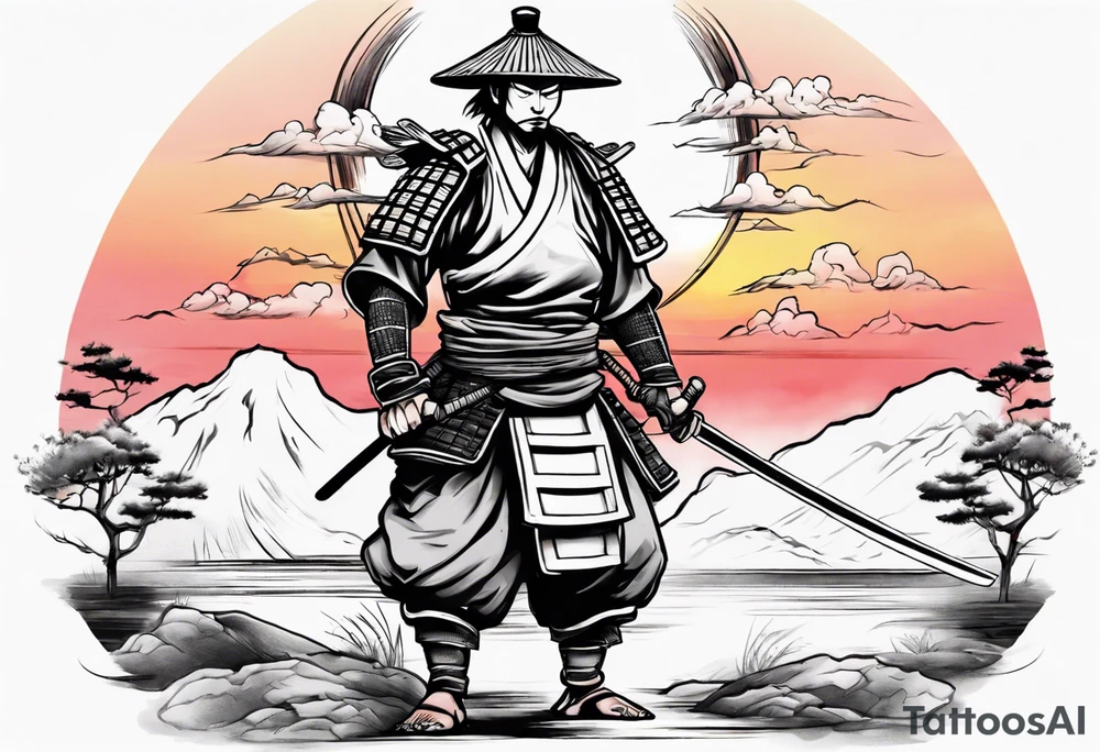 Samurai in the centre of a beautiful sunset landscape tattoo idea