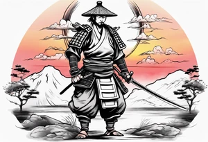 Samurai in the centre of a beautiful sunset landscape tattoo idea