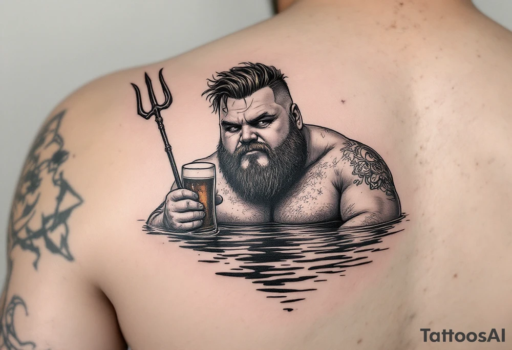 Gay fat guy, with no facial hairs, with trident, half way in calm water, with a beer tattoo idea