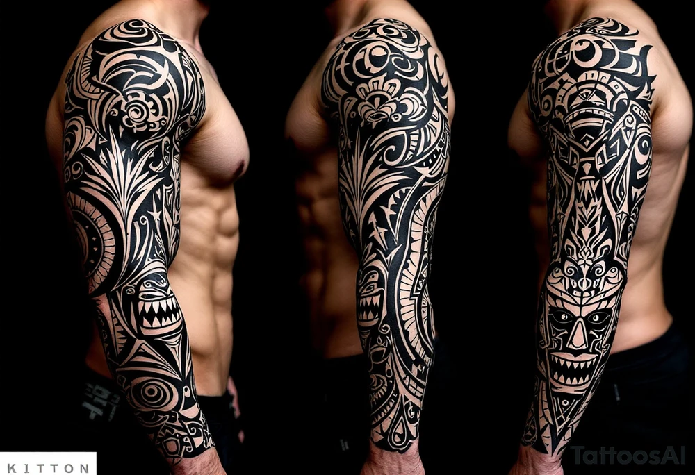A bold black ink sleeve wrapping from shoulder to wrist, featuring traditional Polynesian patterns such as spearheads, shark teeth, tiki faces, and ocean waves. tattoo idea