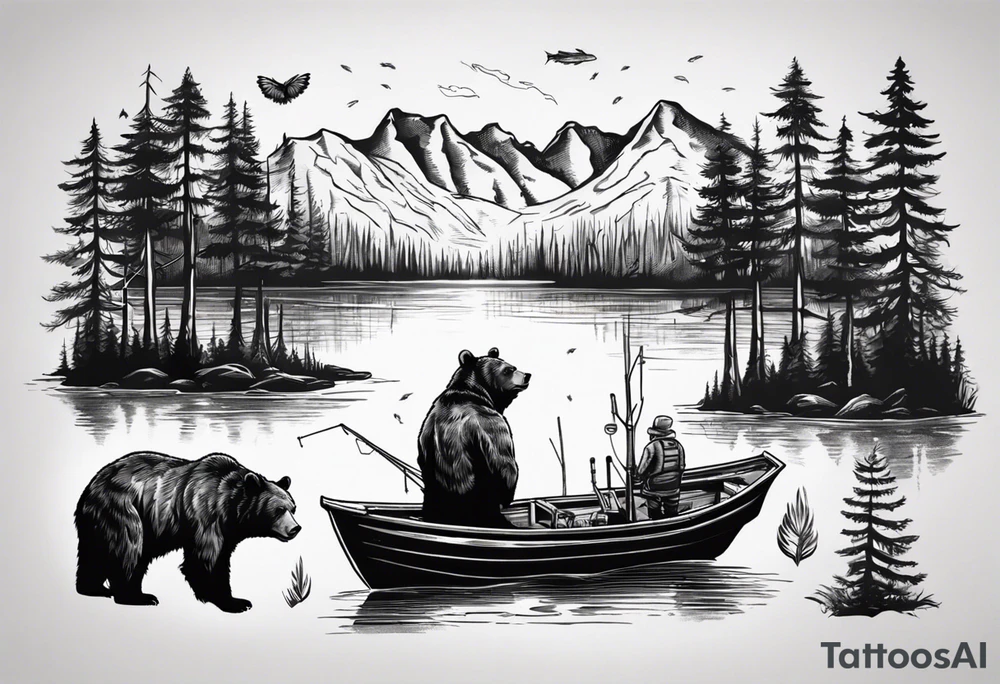 bear, forest, lake, small man on a fishing boat, appalachia, arm sleeve tattoo tattoo idea