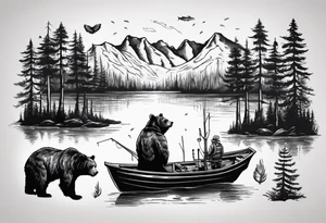 bear, forest, lake, small man on a fishing boat, appalachia, arm sleeve tattoo tattoo idea
