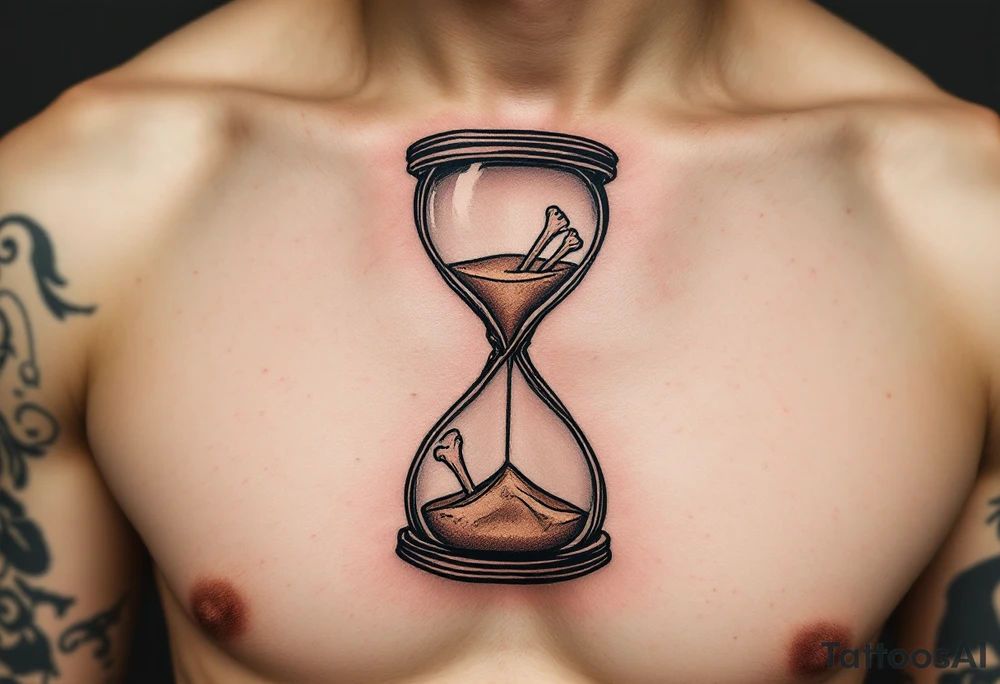 A minimalist hourglass in muted brown and beige, with bones replacing the sand and "memento mori" in fine black cursive. tattoo idea