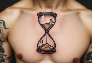 A minimalist hourglass in muted brown and beige, with bones replacing the sand and "memento mori" in fine black cursive. tattoo idea