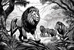 wolfpack and lion pack in the jungle far away walking towards a tree tattoo idea
