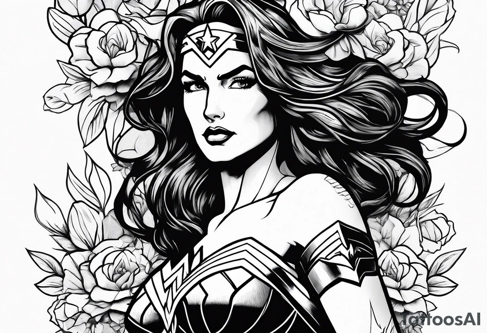 Wonder Woman design with flowers tattoo idea