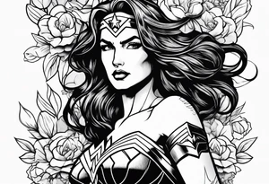 Wonder Woman design with flowers tattoo idea