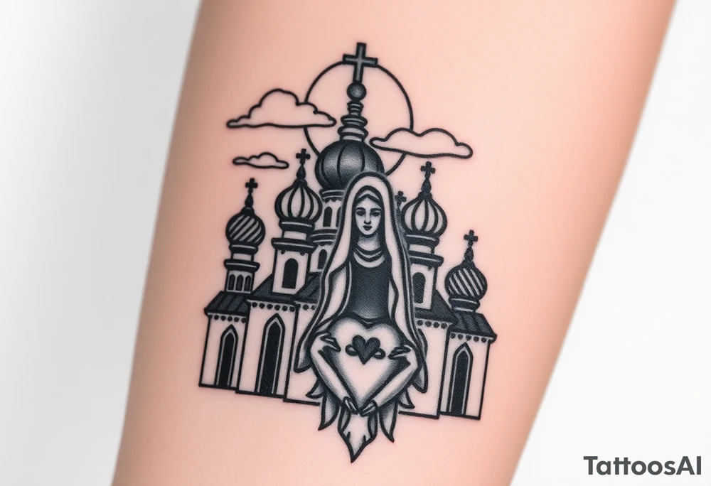 Russian Orthodox church with orthodox spire crosses, with a glow around the church, clouds above it and a virgin mary seperately looking over hands on heart sat above tattoo idea