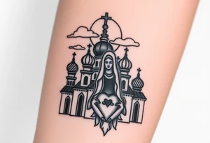Russian Orthodox church with orthodox spire crosses, with a glow around the church, clouds above it and a virgin mary seperately looking over hands on heart sat above tattoo idea