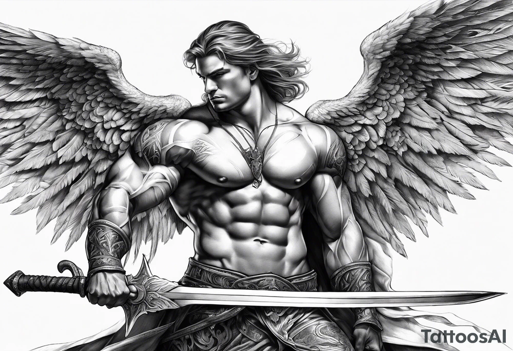 Micheal arc angel huntched over pulling sword super muscular tattoo idea