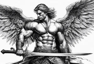 Micheal arc angel huntched over pulling sword super muscular tattoo idea