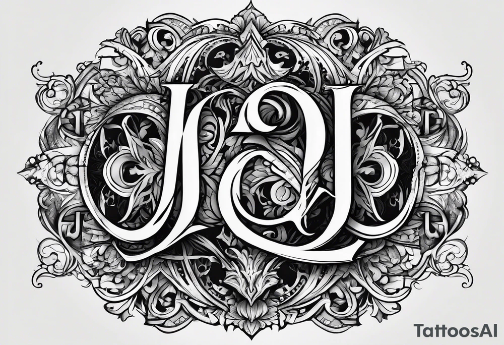 I want to design a tattoo that has the letters A, J, D, E mixed together like a design in harmony with old chaligraphy tattoo idea