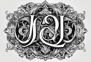 I want to design a tattoo that has the letters A, J, D, E mixed together like a design in harmony with old chaligraphy tattoo idea