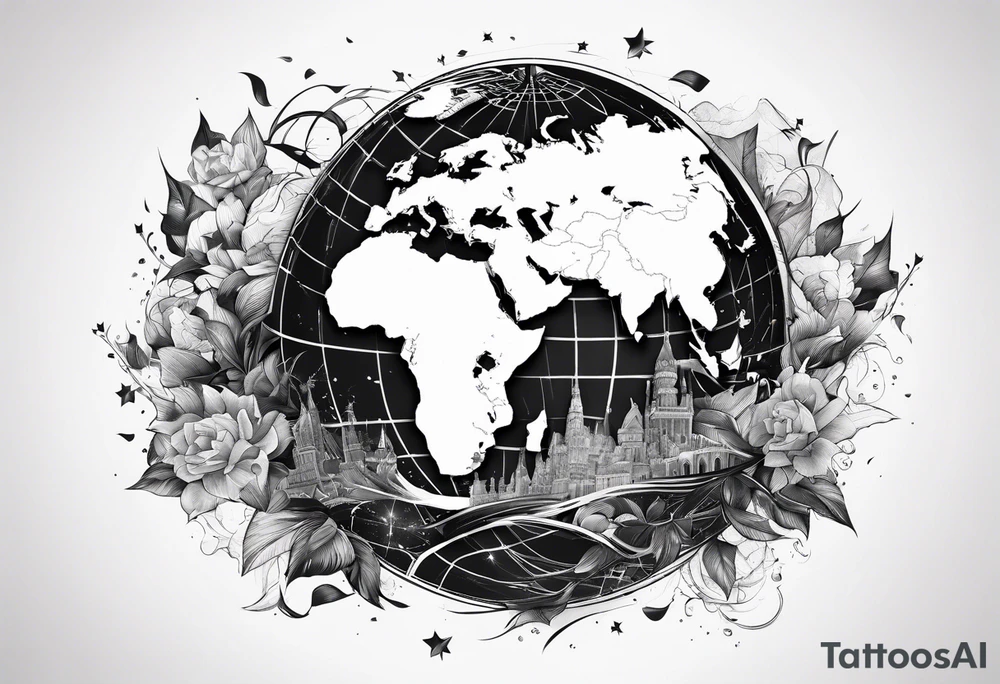globe shattering with world map tattoo idea