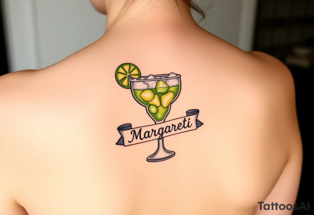 Margarita on the rocks with salt and lime and a traditional banner that says Margaret tattoo idea