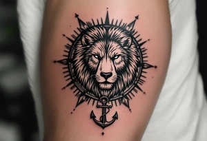 1/3wolf 1/3bear 1/3 lion surrounded by a compass with a small anchor on bottom. for sleeve tattoo idea