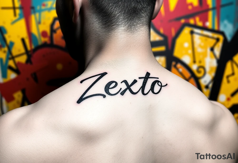 A bright colored graffiti style background with the name Zexto in script tattoo idea