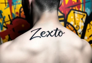 A bright colored graffiti style background with the name Zexto in script tattoo idea