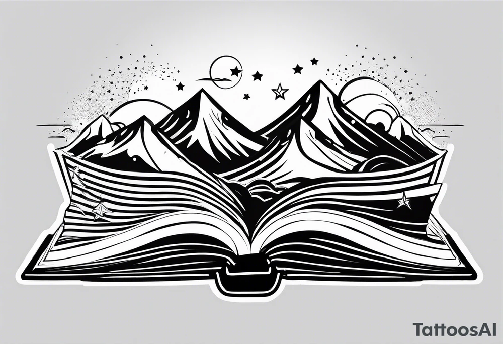 Open book with stars and mountains in a small minimalistic design. Incorporate sushi subtly tattoo idea