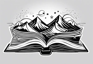 Open book with stars and mountains in a small minimalistic design. Incorporate sushi subtly tattoo idea