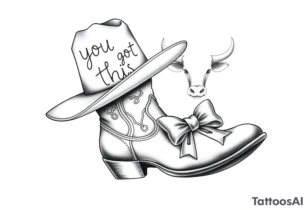 A cowboy boot with a cowboy hat on top the words you got this stitched into the hat and stitched into the boot an orange, a highland cow and a bow tattoo idea