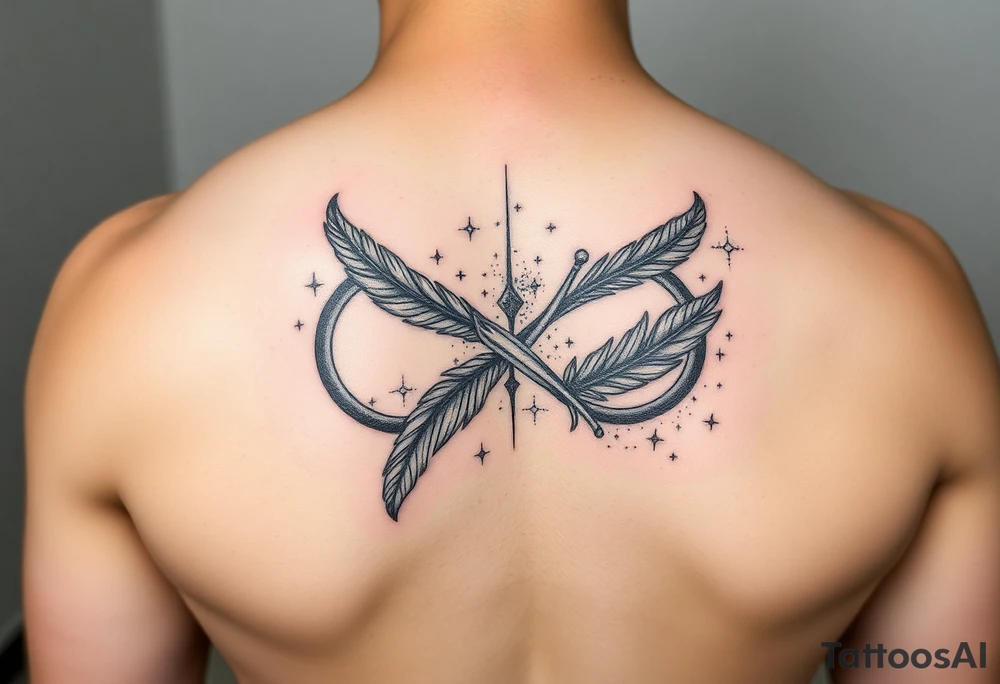 infinity symbol woven with floating feathers and stardust tattoo idea