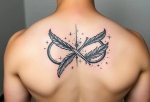 infinity symbol woven with floating feathers and stardust tattoo idea