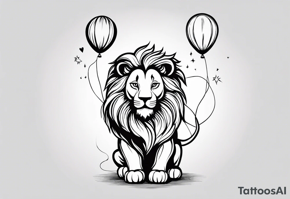 tatoo in sketch style only.
A little lion is holding a string to the hearth shaped small party baloon.
lion should be drawed from behind and has one hand reaching up in 45 degree angle and holding the baloon string
On the string is a wave which look like a hearbeat pulse.
draw it without any scenery, without any background. Just a lion 
Add heartbeat pulse on the string tattoo idea