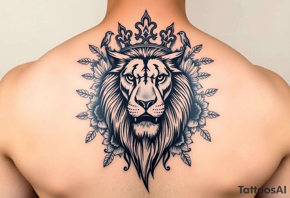 powerful majestic lion with a crown, surrounded by floral ornaments and birds tattoo idea