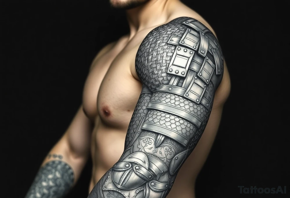 Huge shoulder tattoo of chainmail and plate armor covering entire arm tattoo idea