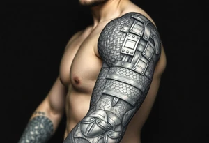 Huge shoulder tattoo of chainmail and plate armor covering entire arm tattoo idea