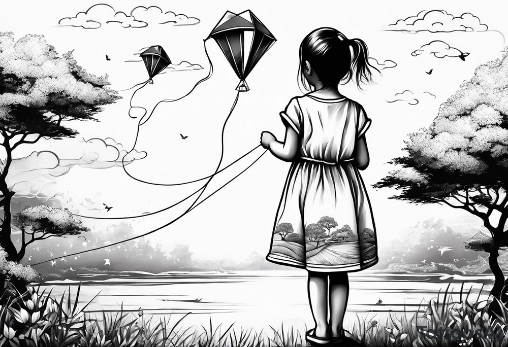 the back of a little girl in a dress, flying a kite tattoo idea