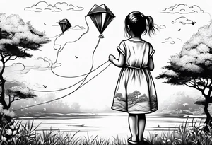the back of a little girl in a dress, flying a kite tattoo idea