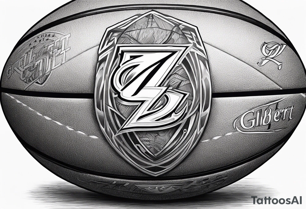 Rugby ball with Z J in the middle in the Gilbert font tattoo idea