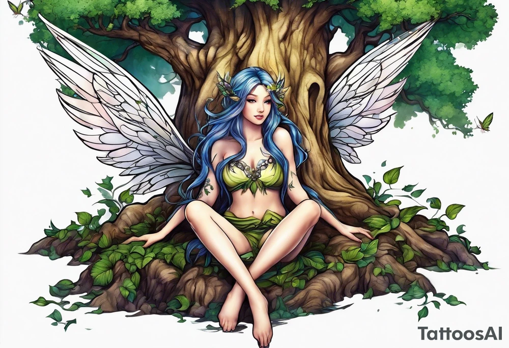 Fairy crouching with a tree coming out of wings tattoo idea