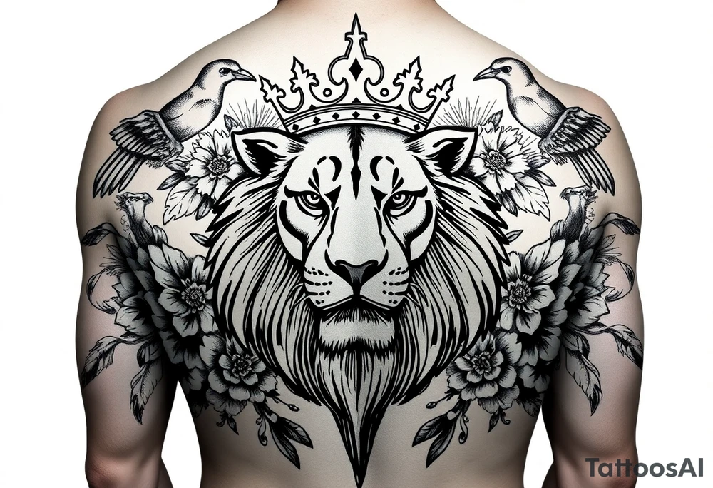 powerful majestic lion with a crown, surrounded by floral ornaments and birds tattoo idea