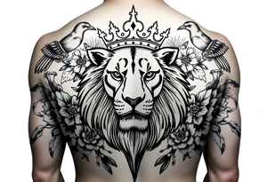 powerful majestic lion with a crown, surrounded by floral ornaments and birds tattoo idea