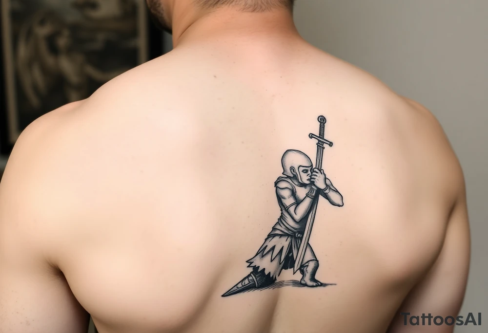 Exhausted warrior with sword praying on one knee tattoo idea
