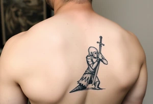 Exhausted warrior with sword praying on one knee tattoo idea